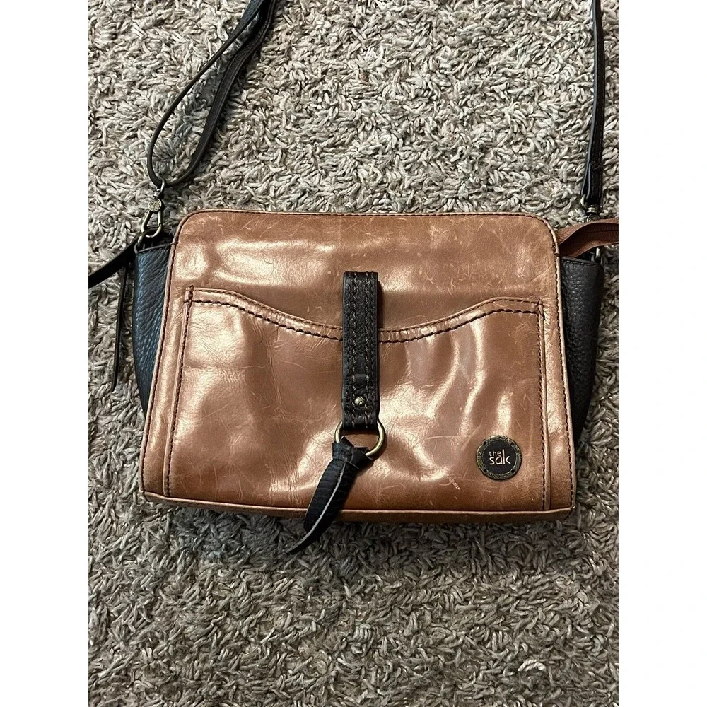 Vintage THE SAK‎ Crossbody Purse 2 Tone Brown Leather Shoulder Bag